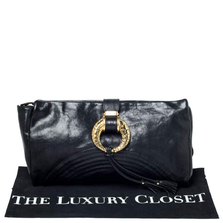 Pre Owned Jimmy Choo Black Leather Tassel Clutch