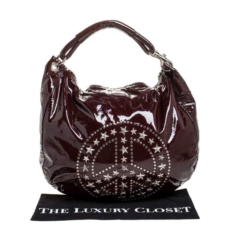 Pre Owned Jimmy Choo Maroon Patent Leather Studded Peace Sky Hobos