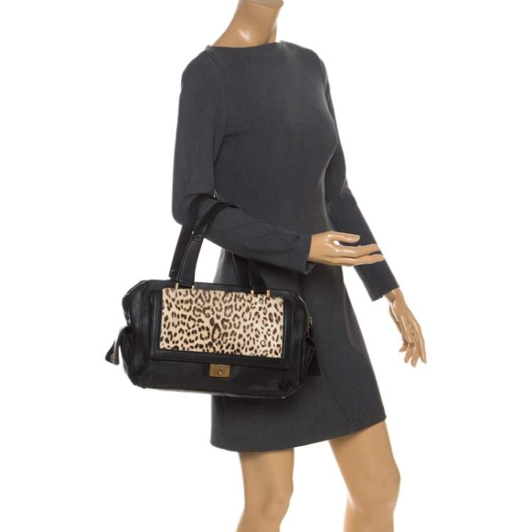Pre Owned Jimmy Choo Black/Beige Leopard Print Calfhair and Leather Catherine Satchel