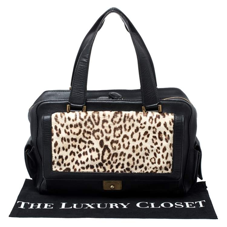 Pre Owned Jimmy Choo Black/Beige Leopard Print Calfhair and Leather Catherine Satchel