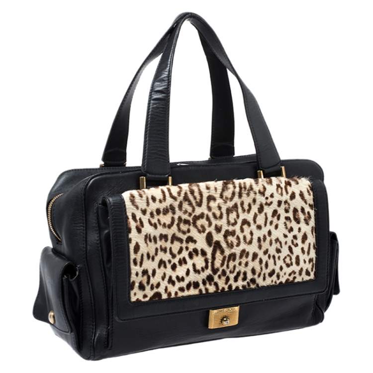 Pre Owned Jimmy Choo Black/Beige Leopard Print Calfhair and Leather Catherine Satchel
