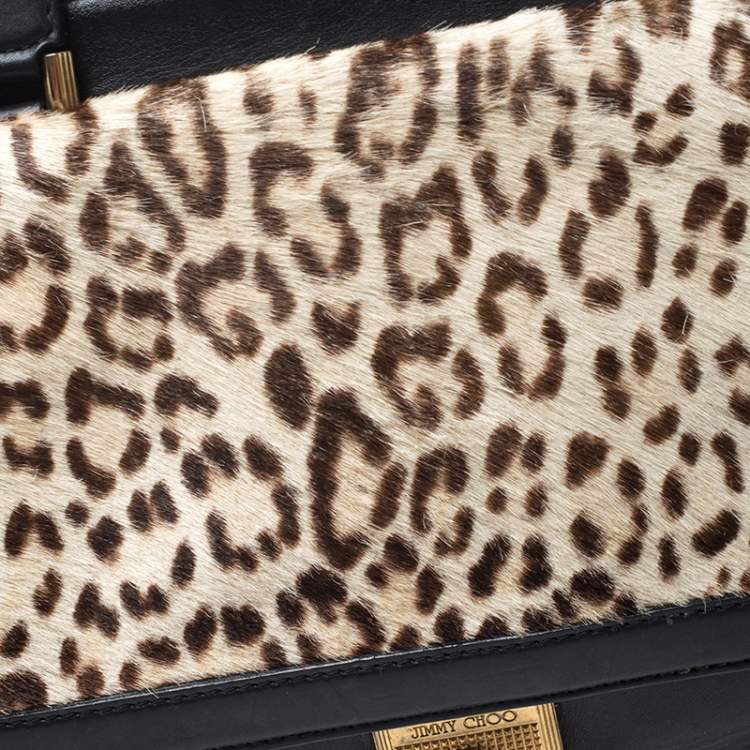 Pre Owned Jimmy Choo Black/Beige Leopard Print Calfhair and Leather Catherine Satchel