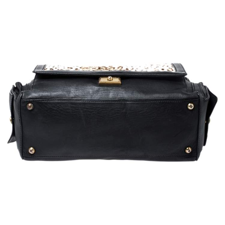 Pre Owned Jimmy Choo Black/Beige Leopard Print Calfhair and Leather Catherine Satchel