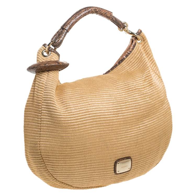 Pre Owned Jimmy Choo Tan Straw and Snake Skin Trim Handle Sky Hobo