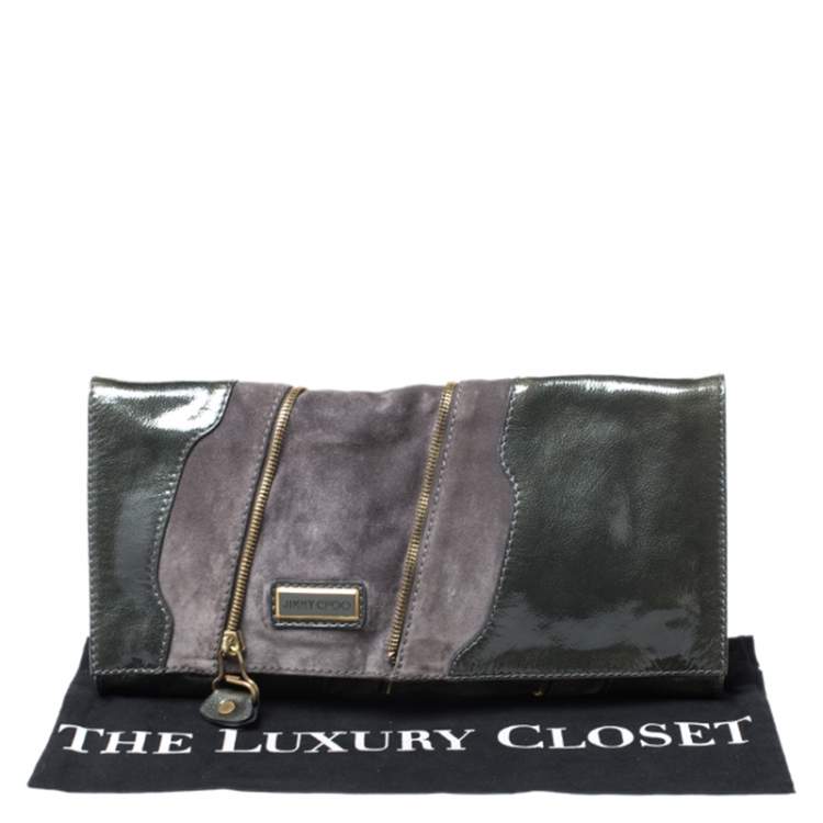 Pre Owned Jimmy Choo Grey Patent Leather and Suede Flap Clutch