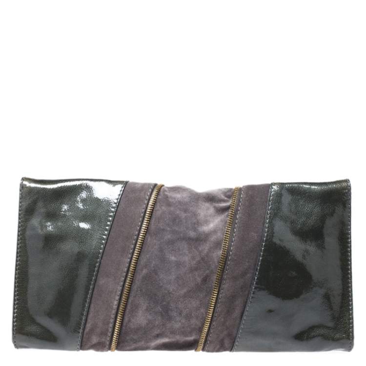Pre Owned Jimmy Choo Grey Patent Leather and Suede Flap Clutch