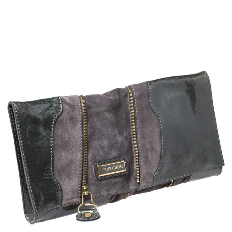 Pre Owned Jimmy Choo Grey Patent Leather and Suede Flap Clutch
