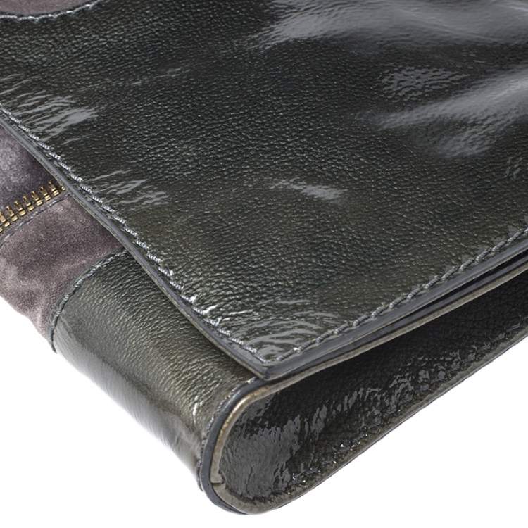Pre Owned Jimmy Choo Grey Patent Leather and Suede Flap Clutch
