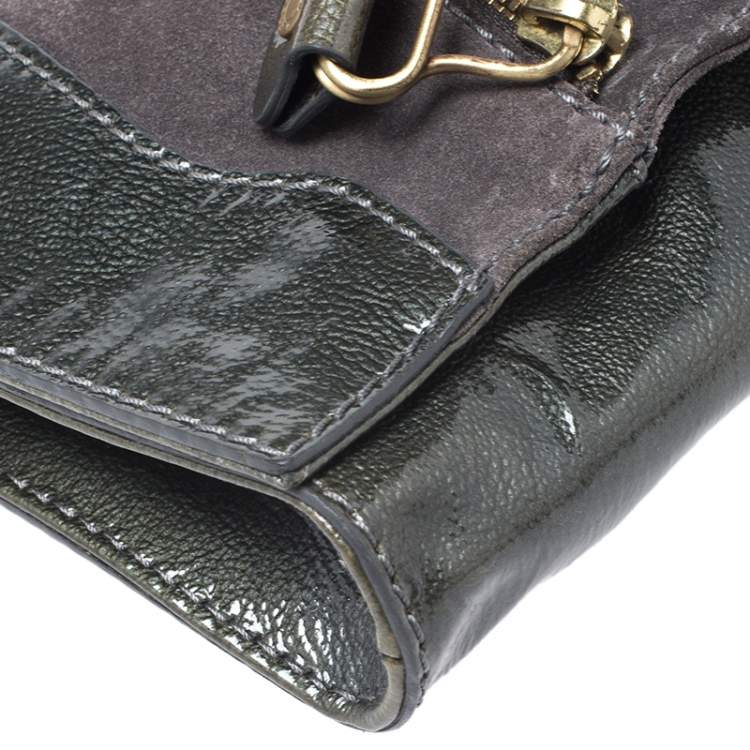 Pre Owned Jimmy Choo Grey Patent Leather and Suede Flap Clutch