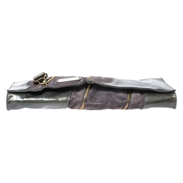 Pre Owned Jimmy Choo Grey Patent Leather and Suede Flap Clutch