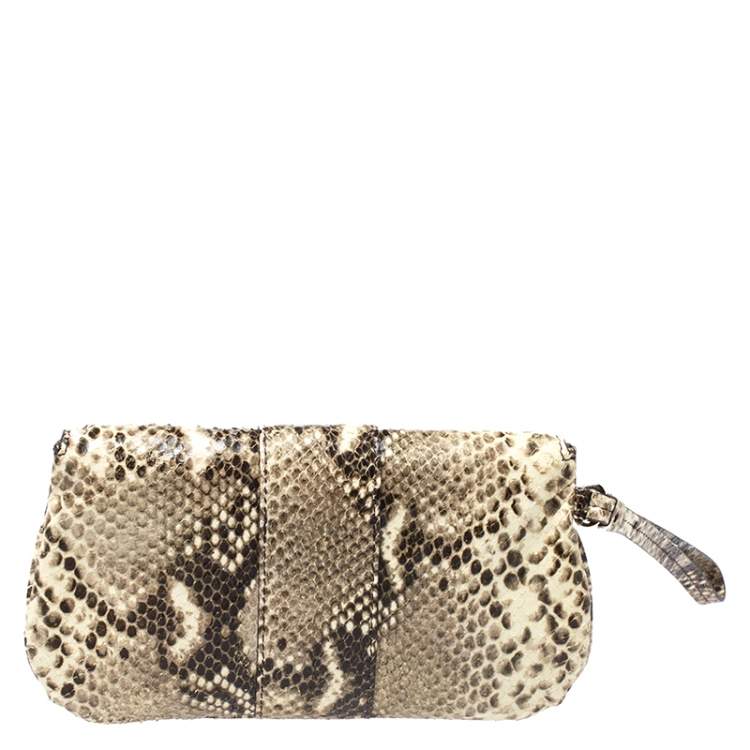 Pre Owned Jimmy Choo Cream/Black Python Effect Leather Flap Wristlet Clutch 