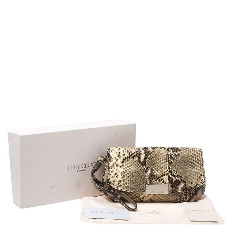 Pre Owned Jimmy Choo Cream/Black Python Effect Leather Flap Wristlet Clutch 