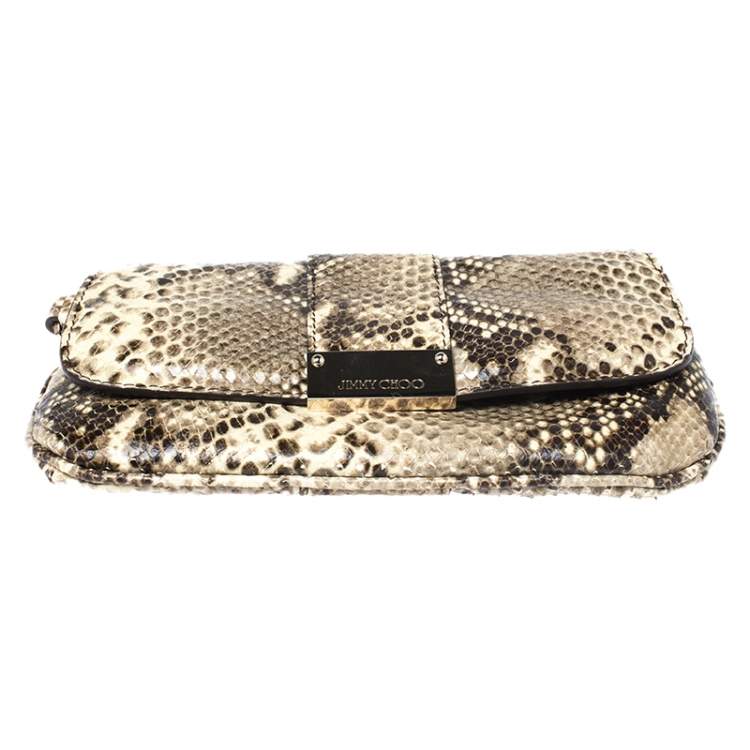 Pre Owned Jimmy Choo Cream/Black Python Effect Leather Flap Wristlet Clutch 