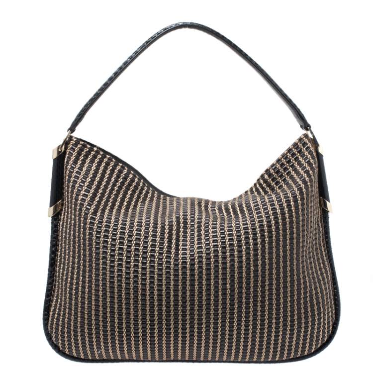مملوكة مسبقًا Jimmy Choo Black/Brown Woven Leather and Snake Skin Trim Hobo