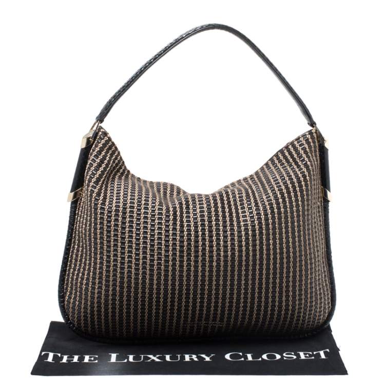 مملوكة مسبقًا Jimmy Choo Black/Brown Woven Leather and Snake Skin Trim Hobo