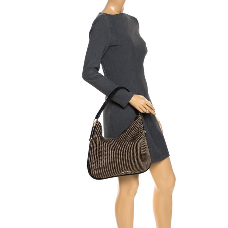 مملوكة مسبقًا Jimmy Choo Black/Brown Woven Leather and Snake Skin Trim Hobo