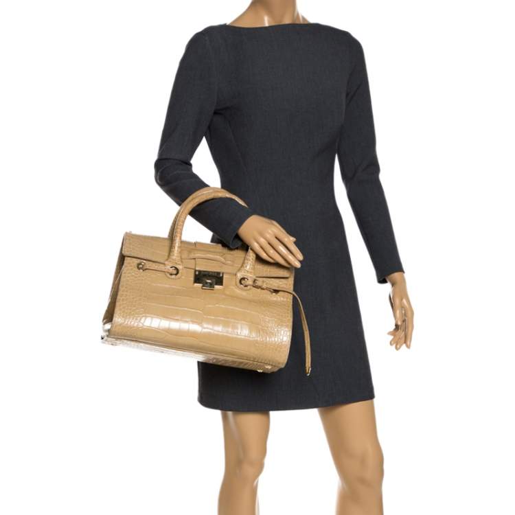 Pre Owned Jimmy Choo Beige Croc Embossed Leather Medium Rosalie Satchel