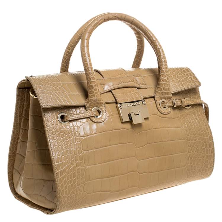 Pre Owned Jimmy Choo Beige Croc Embossed Leather Medium Rosalie Satchel