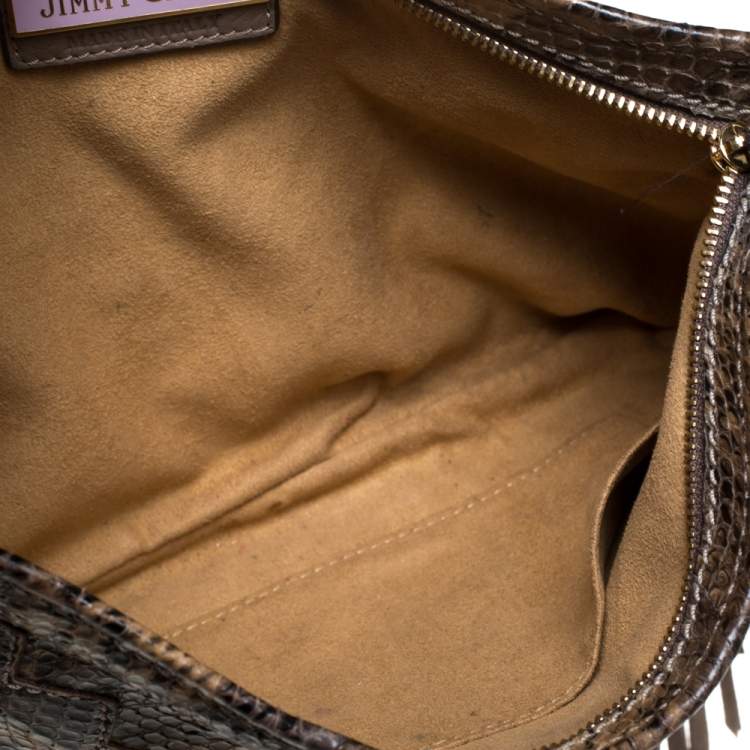 Pre Owned Jimmy Choo Beige Python and Suede Fringe Tita Convertible Clutch 
