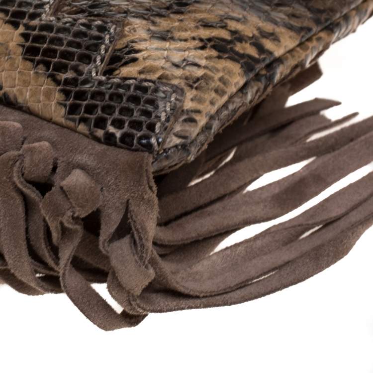 Pre Owned Jimmy Choo Beige Python and Suede Fringe Tita Convertible Clutch 
