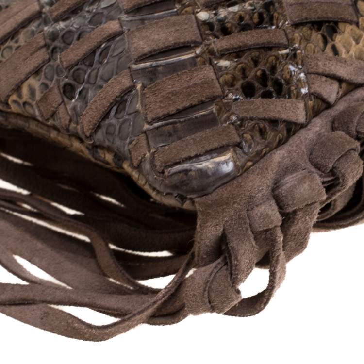 Pre Owned Jimmy Choo Beige Python and Suede Fringe Tita Convertible Clutch 