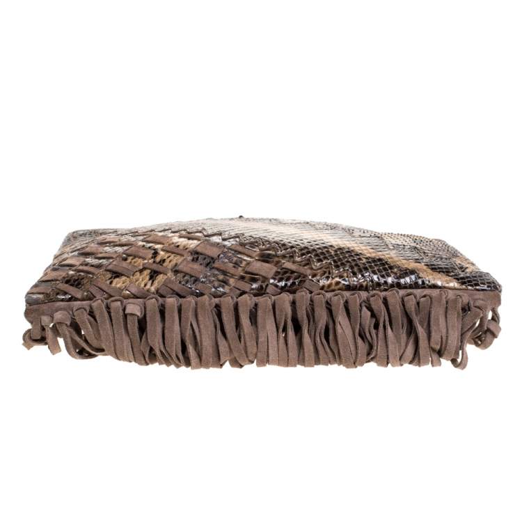 Pre Owned Jimmy Choo Beige Python and Suede Fringe Tita Convertible Clutch 