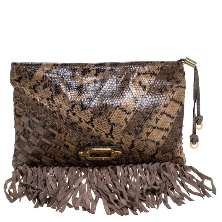 Pre Owned Jimmy Choo Beige Python and Suede Fringe Tita Convertible Clutch 