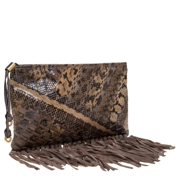 Pre Owned Jimmy Choo Beige Python and Suede Fringe Tita Convertible Clutch 