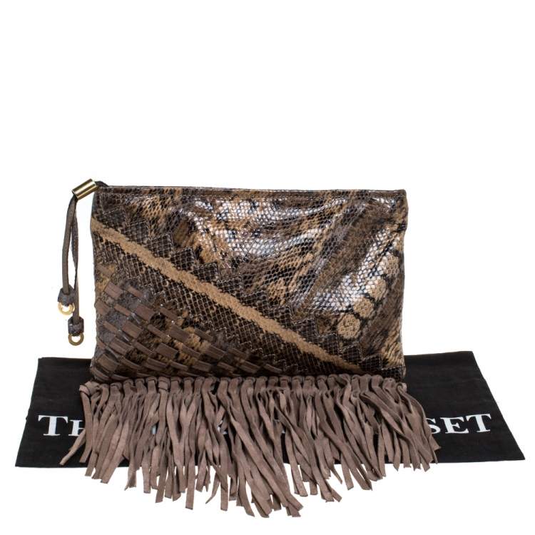 Pre Owned Jimmy Choo Beige Python and Suede Fringe Tita Convertible Clutch 