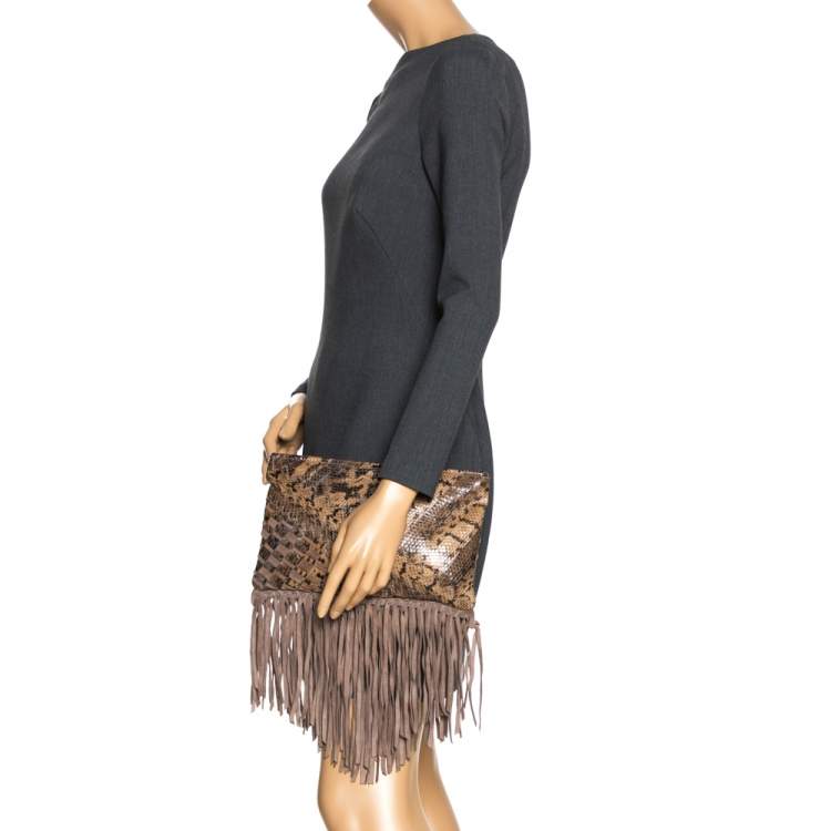 Pre Owned Jimmy Choo Beige Python and Suede Fringe Tita Convertible Clutch 