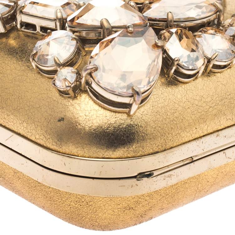 Pre Owned Jimmy Choo Metallic Gold Leather Crystal Embellished Cloud Clutch