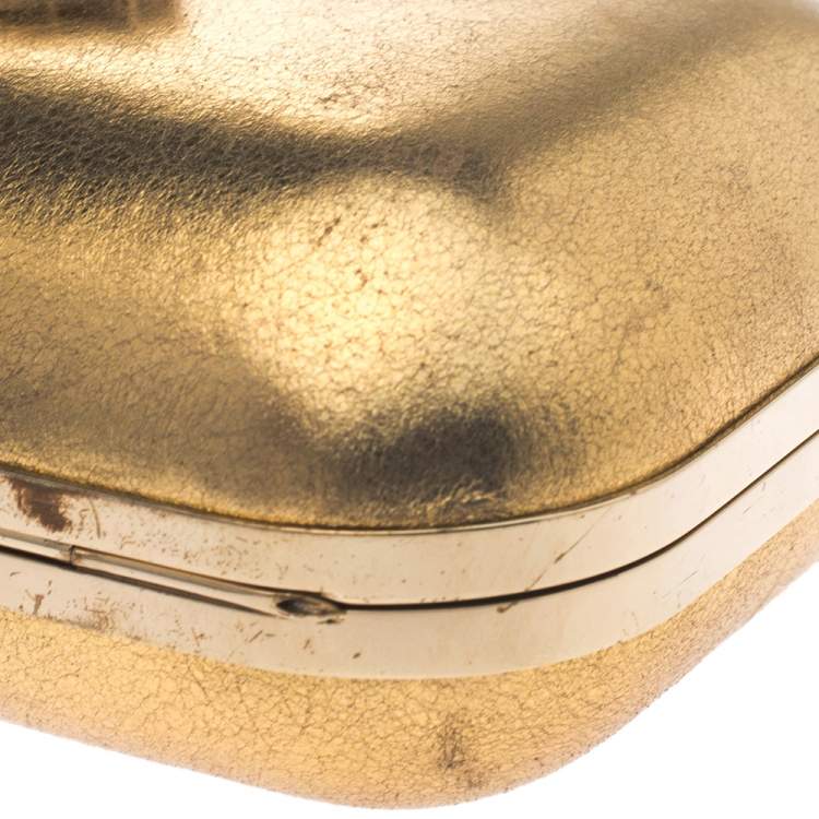 Pre Owned Jimmy Choo Metallic Gold Leather Crystal Embellished Cloud Clutch