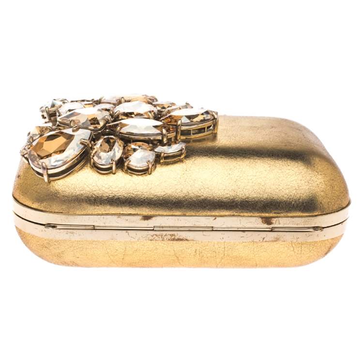 Pre Owned Jimmy Choo Metallic Gold Leather Crystal Embellished Cloud Clutch