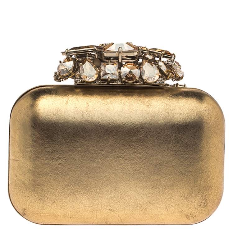Pre Owned Jimmy Choo Metallic Gold Leather Crystal Embellished Cloud Clutch