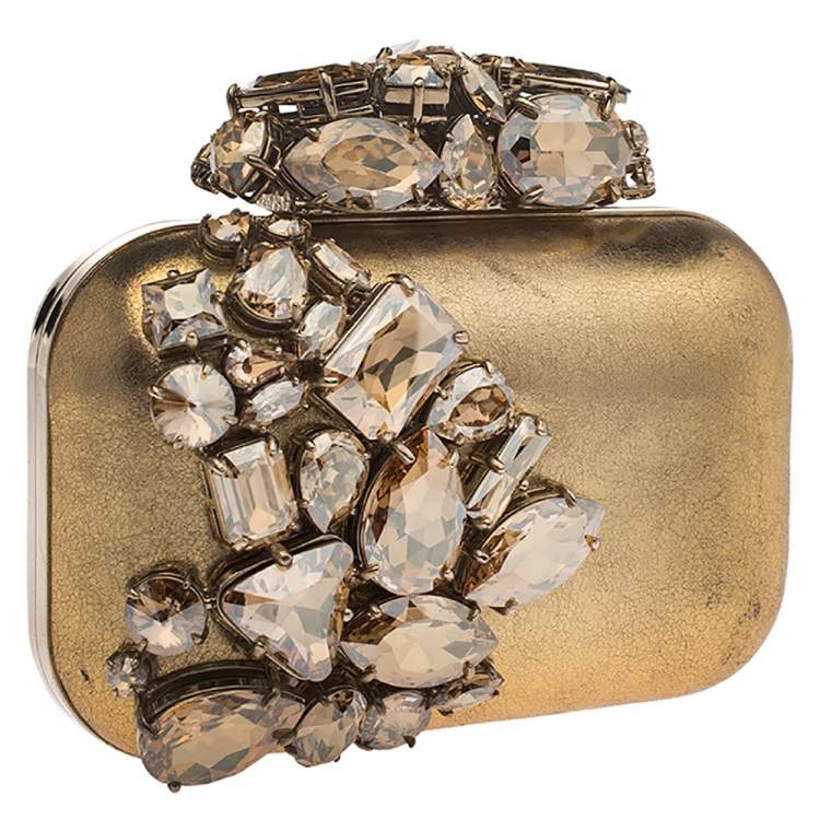 Pre Owned Jimmy Choo Metallic Gold Leather Crystal Embellished Cloud Clutch