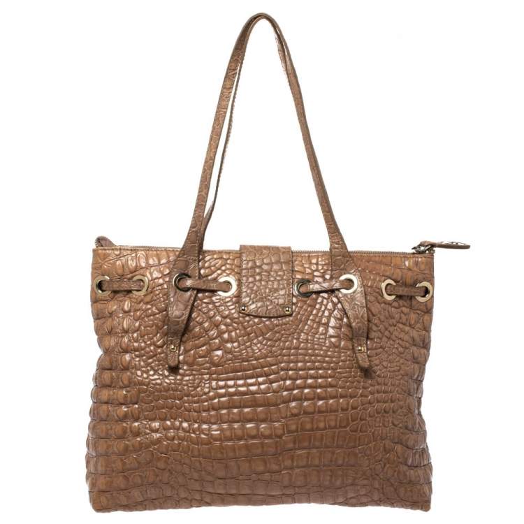 Pre Owned Jimmy Choo Beige Croc Embossed Patent Leather Rhea Shopper Tote