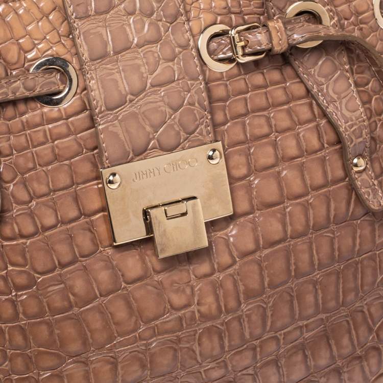 Pre Owned Jimmy Choo Beige Croc Embossed Patent Leather Rhea Shopper Tote