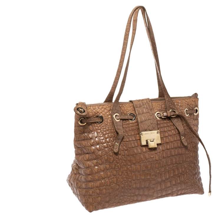 Pre Owned Jimmy Choo Beige Croc Embossed Patent Leather Rhea Shopper Tote
