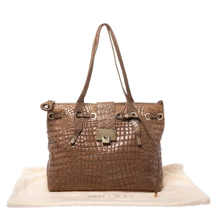 Pre Owned Jimmy Choo Beige Croc Embossed Patent Leather Rhea Shopper Tote
