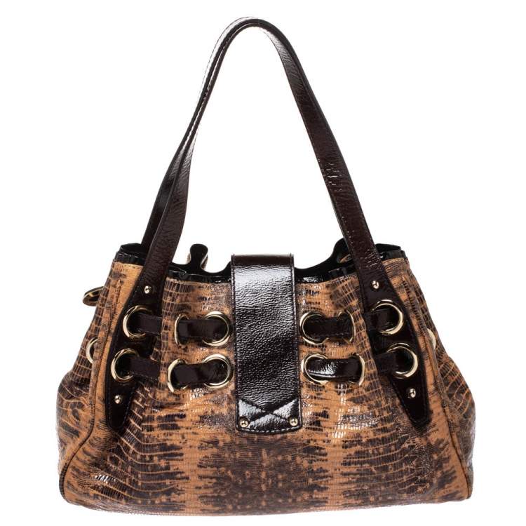 Pre Owned Jimmy Choo Brown Python Effect Patent Leather Ramona Tote