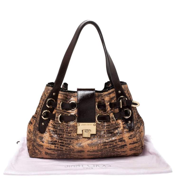 Pre Owned Jimmy Choo Brown Python Effect Patent Leather Ramona Tote