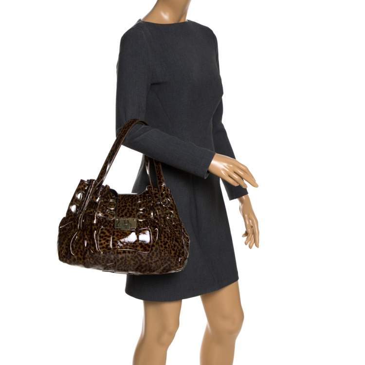 Pre Owned Jimmy Choo Brown Leopard Print Patent Leather Riki Shoulder Bag