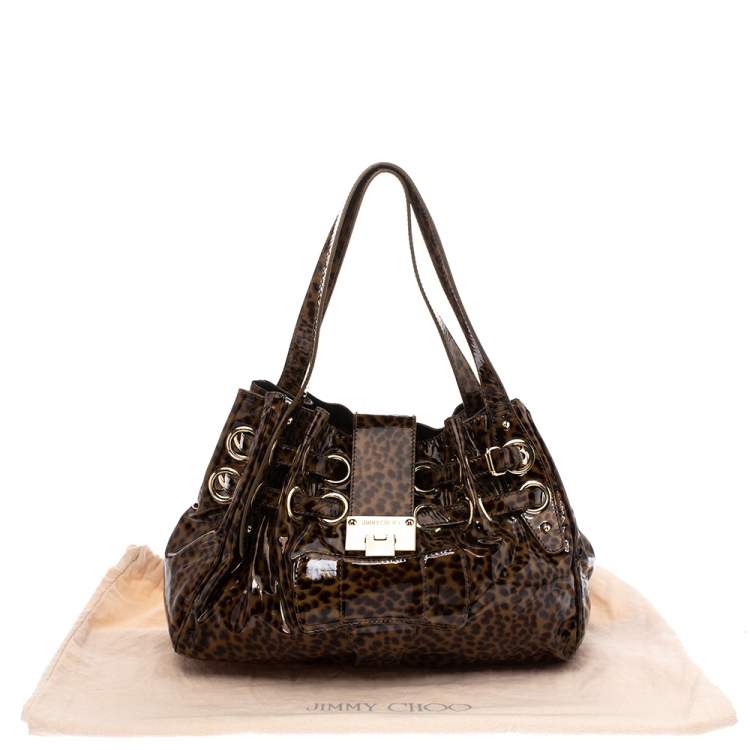 Pre Owned Jimmy Choo Brown Leopard Print Patent Leather Riki Shoulder Bag