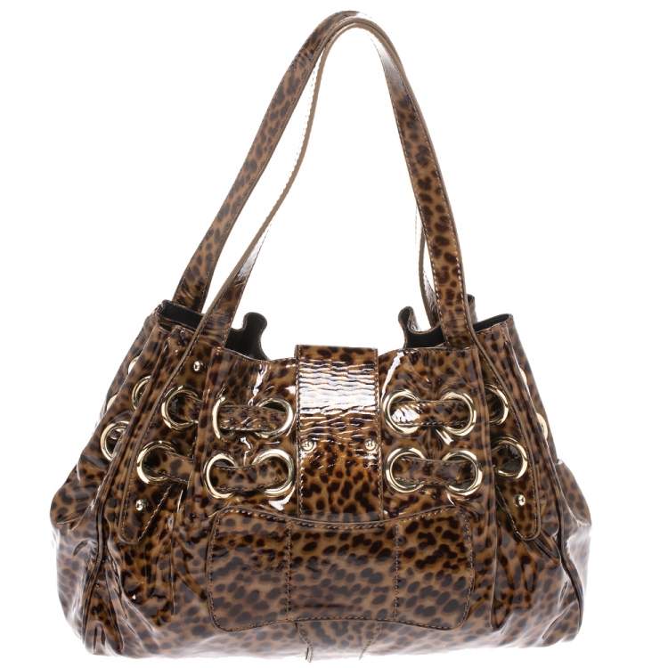 Pre Owned Jimmy Choo Brown Leopard Print Patent Leather Riki Shoulder Bag