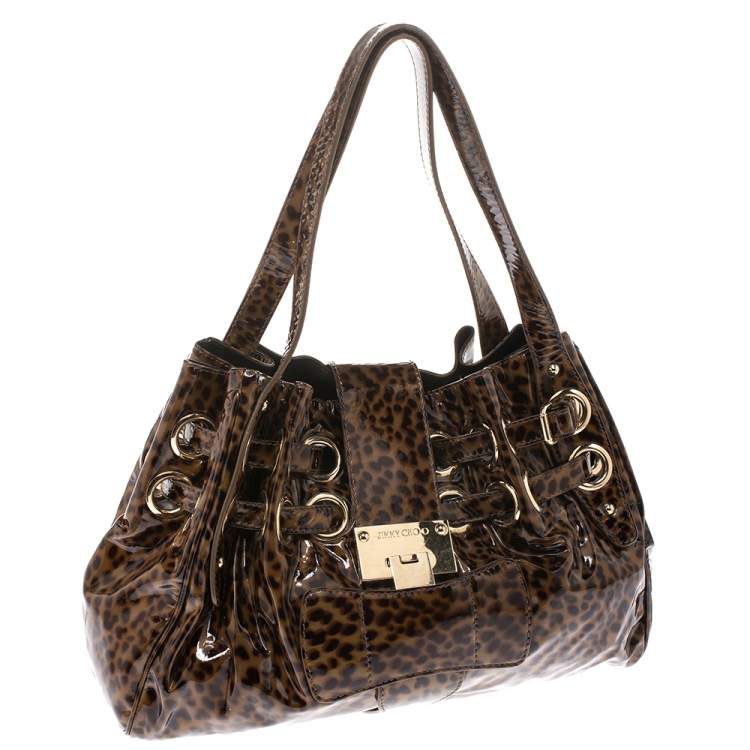 Pre Owned Jimmy Choo Brown Leopard Print Patent Leather Riki Shoulder Bag