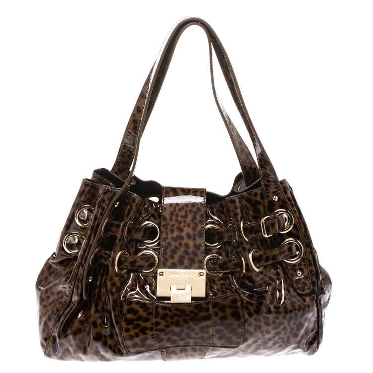 Pre Owned Jimmy Choo Brown Leopard Print Patent Leather Riki Shoulder Bag