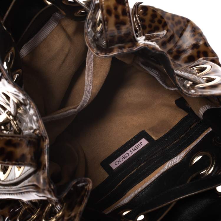 Pre Owned Jimmy Choo Brown Leopard Print Patent Leather Riki Shoulder Bag