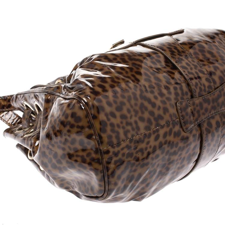 Pre Owned Jimmy Choo Brown Leopard Print Patent Leather Riki Shoulder Bag