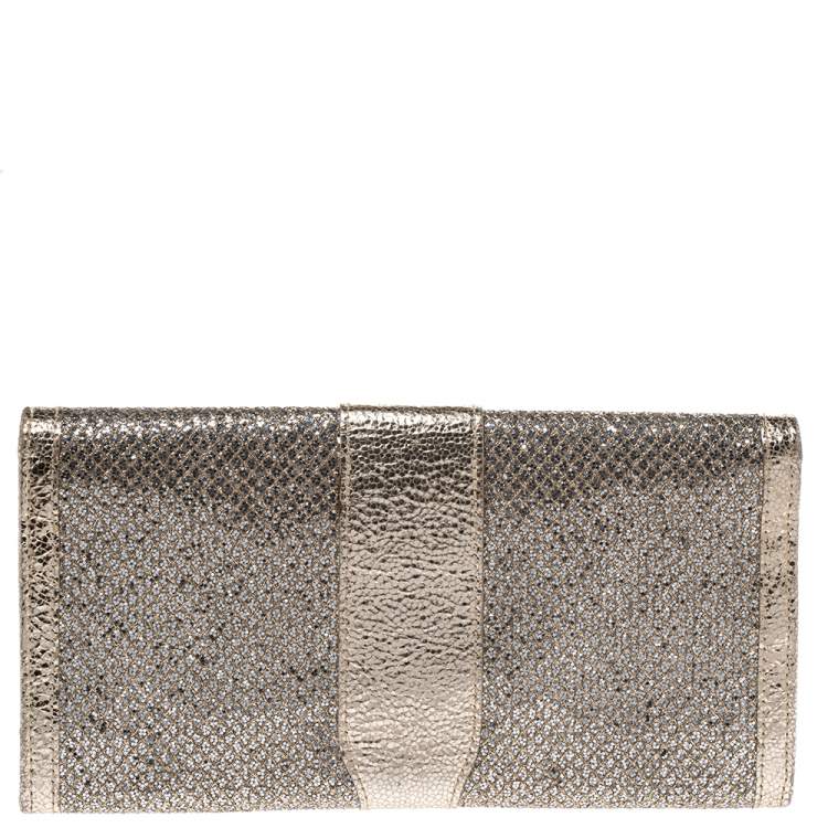 مملوكة مسبقًا Jimmy Choo Gold Metallic Leather and Glitter Reese Clutch