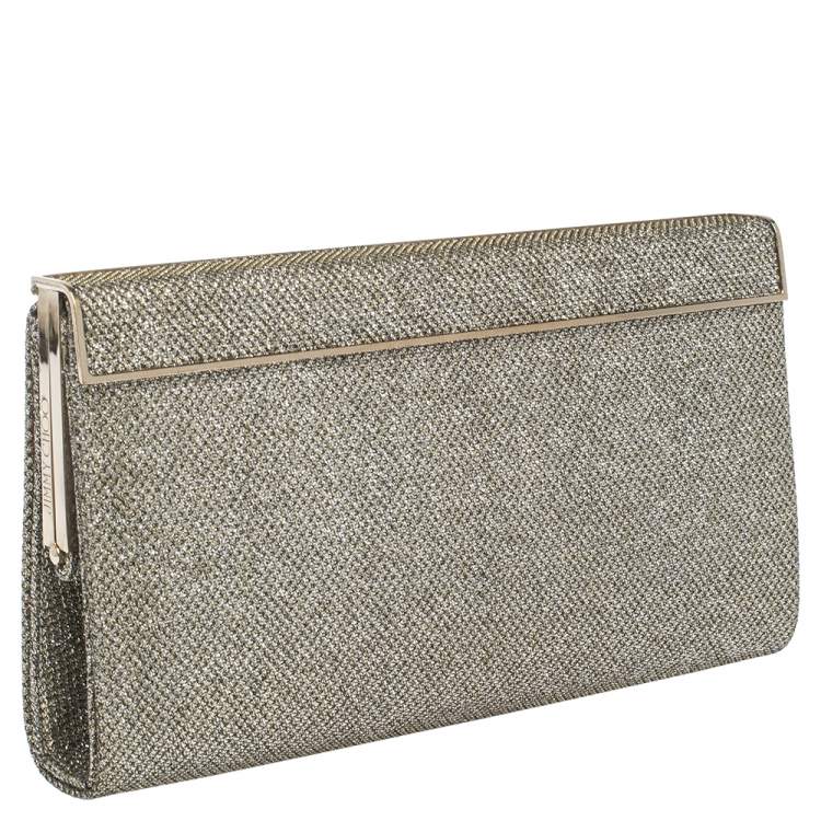 Pre Owned Jimmy Choo Metallic Gold Glitter Fabric Frame Clutch 